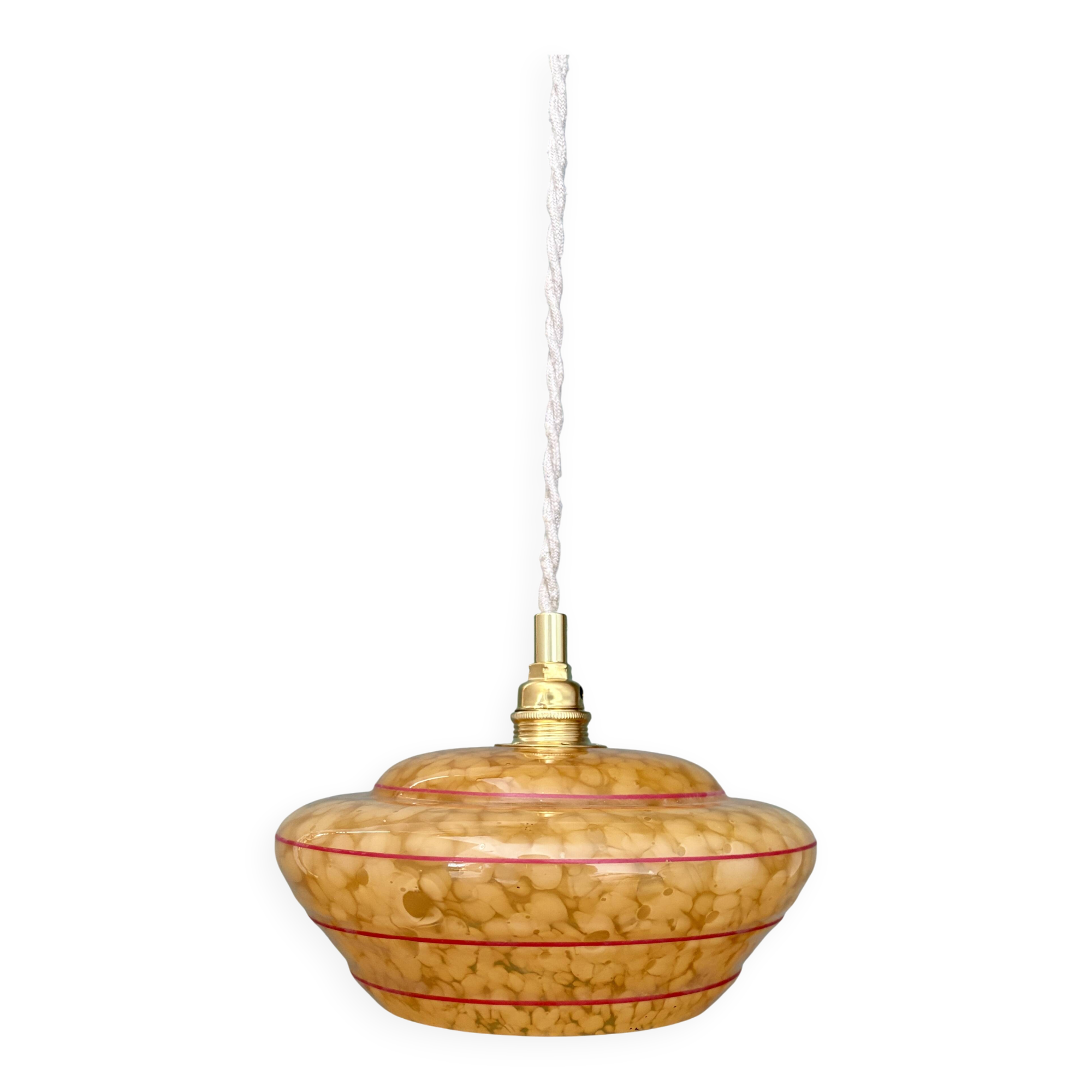 Vintage pendant lamp shade in yellow Clichy glass with red trim