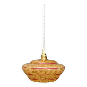 Vintage pendant lamp shade in yellow Clichy glass with red trim
