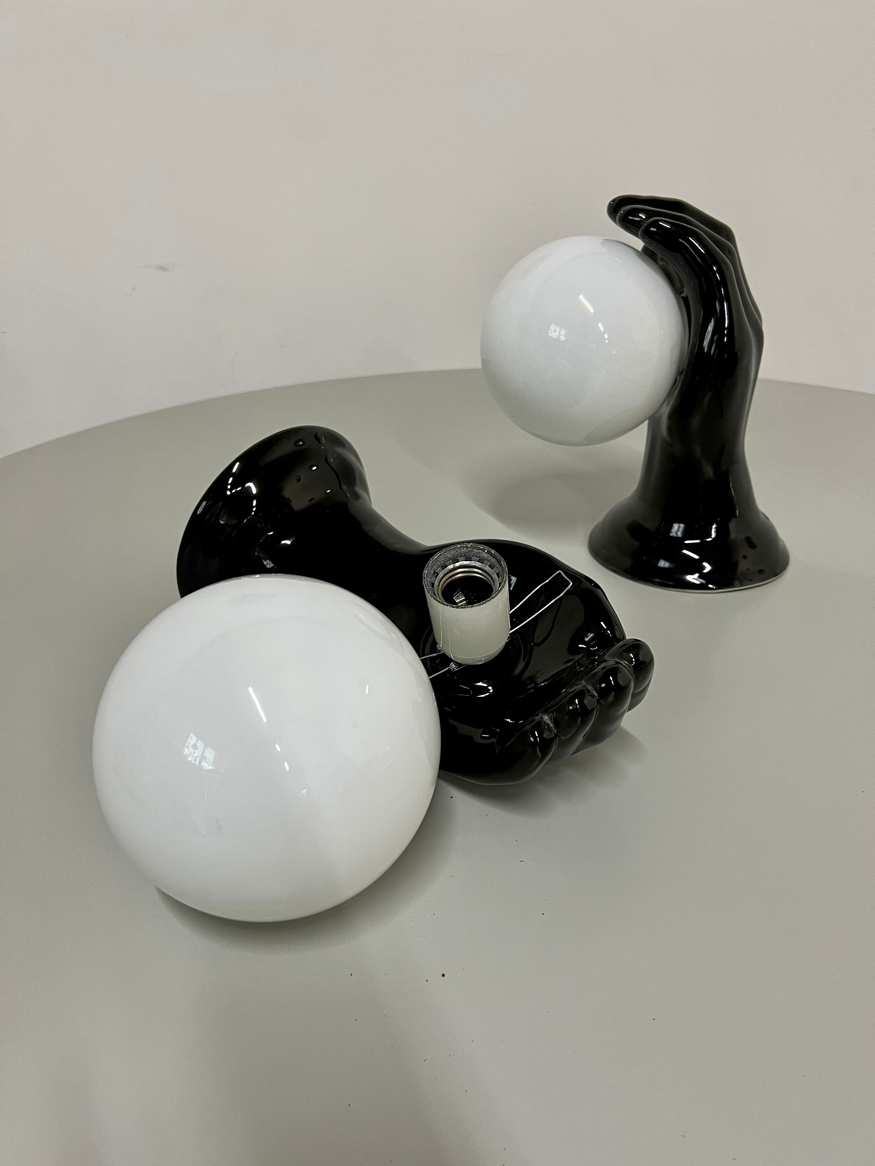 2 black ceramic hand lamps from the 70s / vintage and opaline lamp
