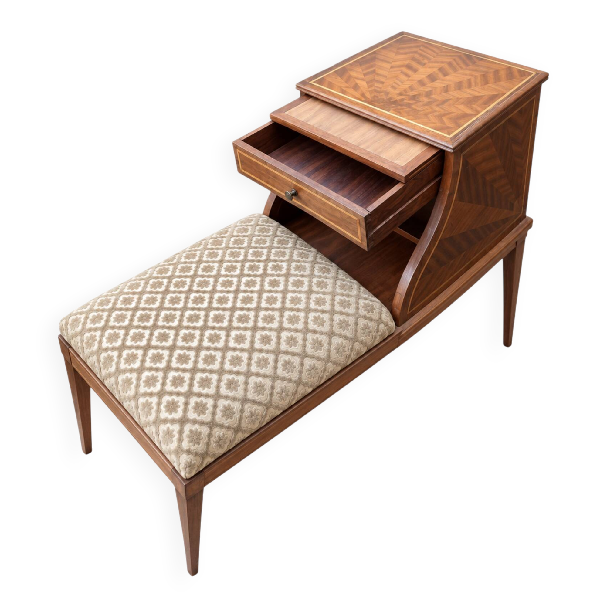 Meuble d’entrée - Banc téléphone vintage en marqueterie de bois