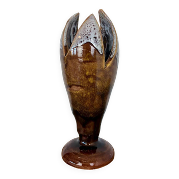 Vase sur pied en poterie de studio vintage mid-century moderne en forme de tulipe et de bouton de lotus - Émail brun terreux et blanc