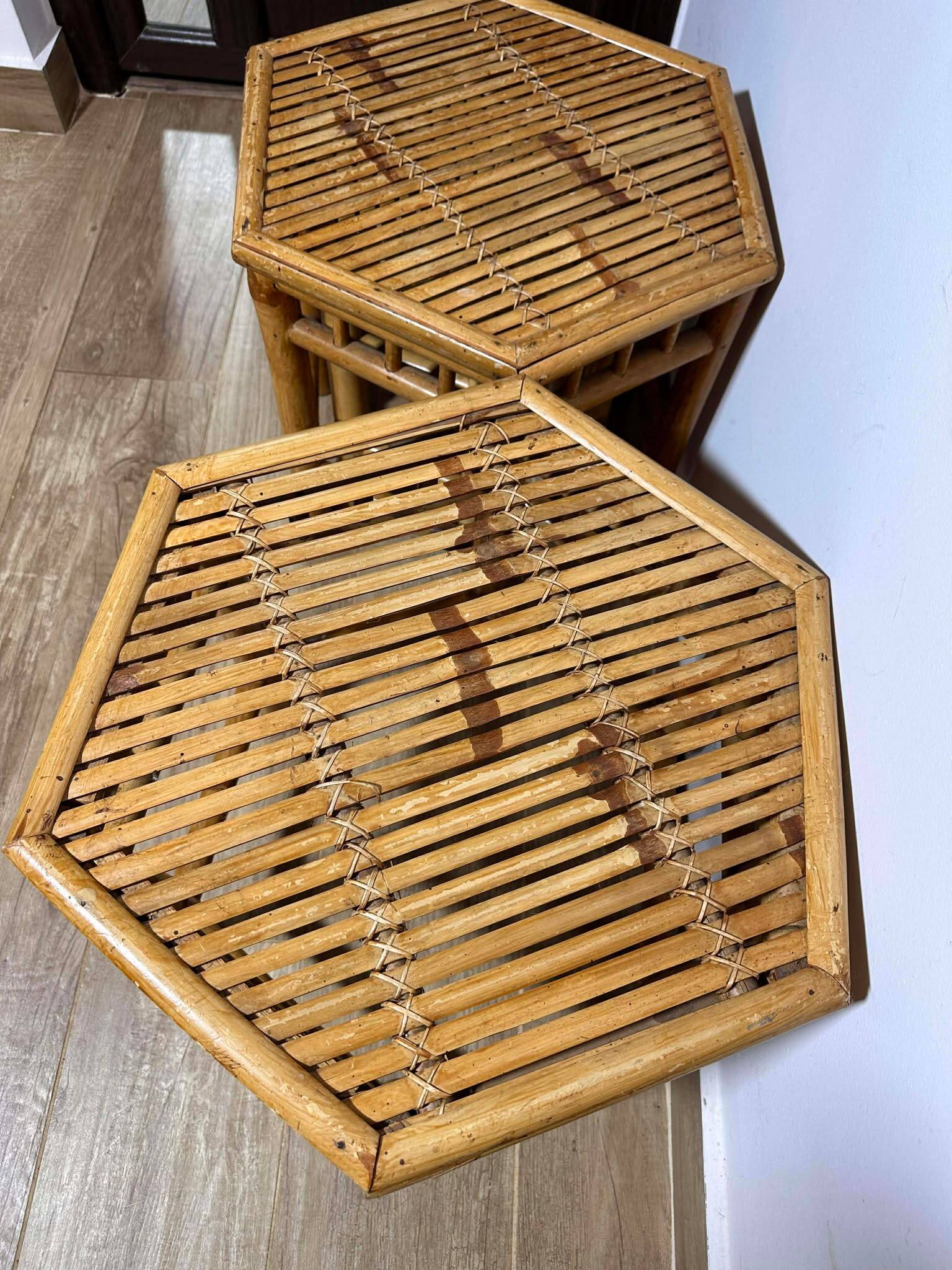 Vintage Boho Mid Century Bamboo Hexagonal Side Coffee Tables Flower Stools