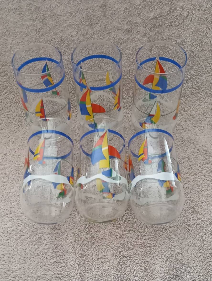set of 6 large orangeade glasses juice glasses boats seaside