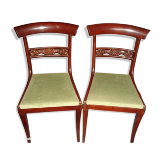 Maurice Hirch, paire de chaises anciennes sculptées assise velours vert
