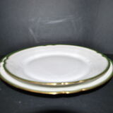 LIMOGES 2 round dishes antique chantournés in Green Gold edging porcelain "Aux Lions de Faïence Paris"