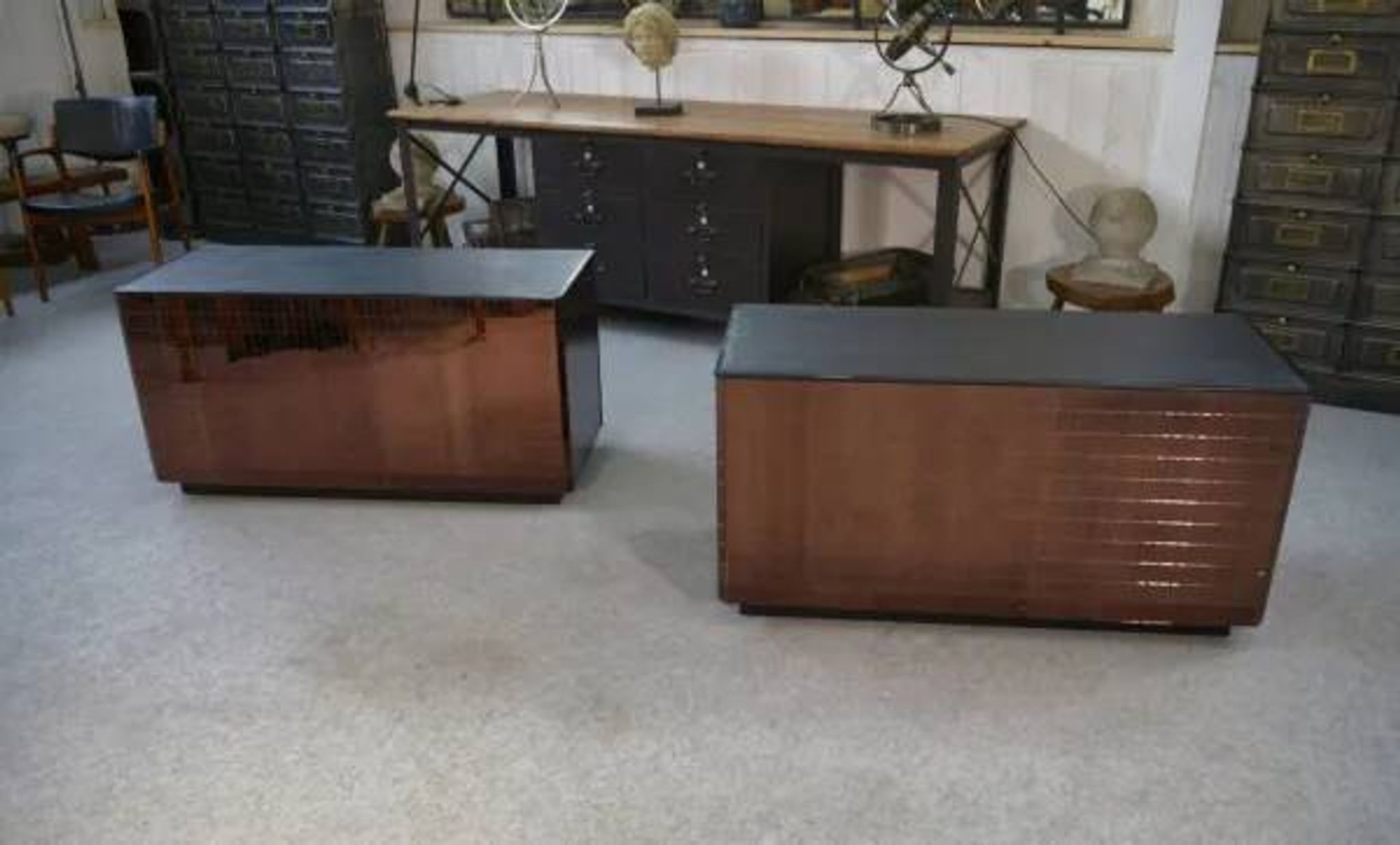Set of 2 smoked mirrored dressing tables/jewelry counters with drawers 1970s