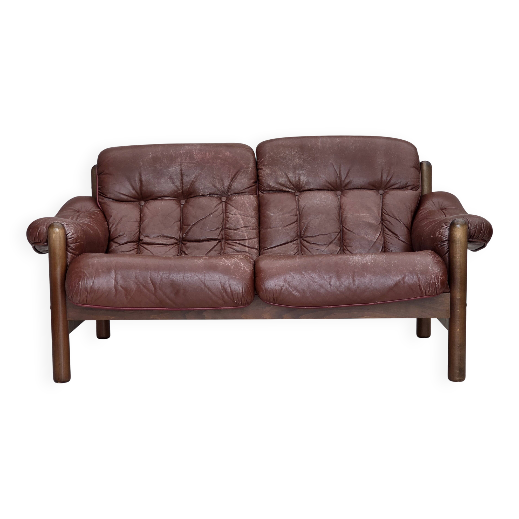 1970s, 2-seater Swedish sofa, brown leather with patina, dark beech wood.