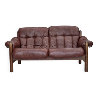 1970s, 2-seater Swedish sofa, brown leather with patina, dark beech wood.