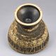 Vintage ceramic pedestal bowl – textured black and beige decor