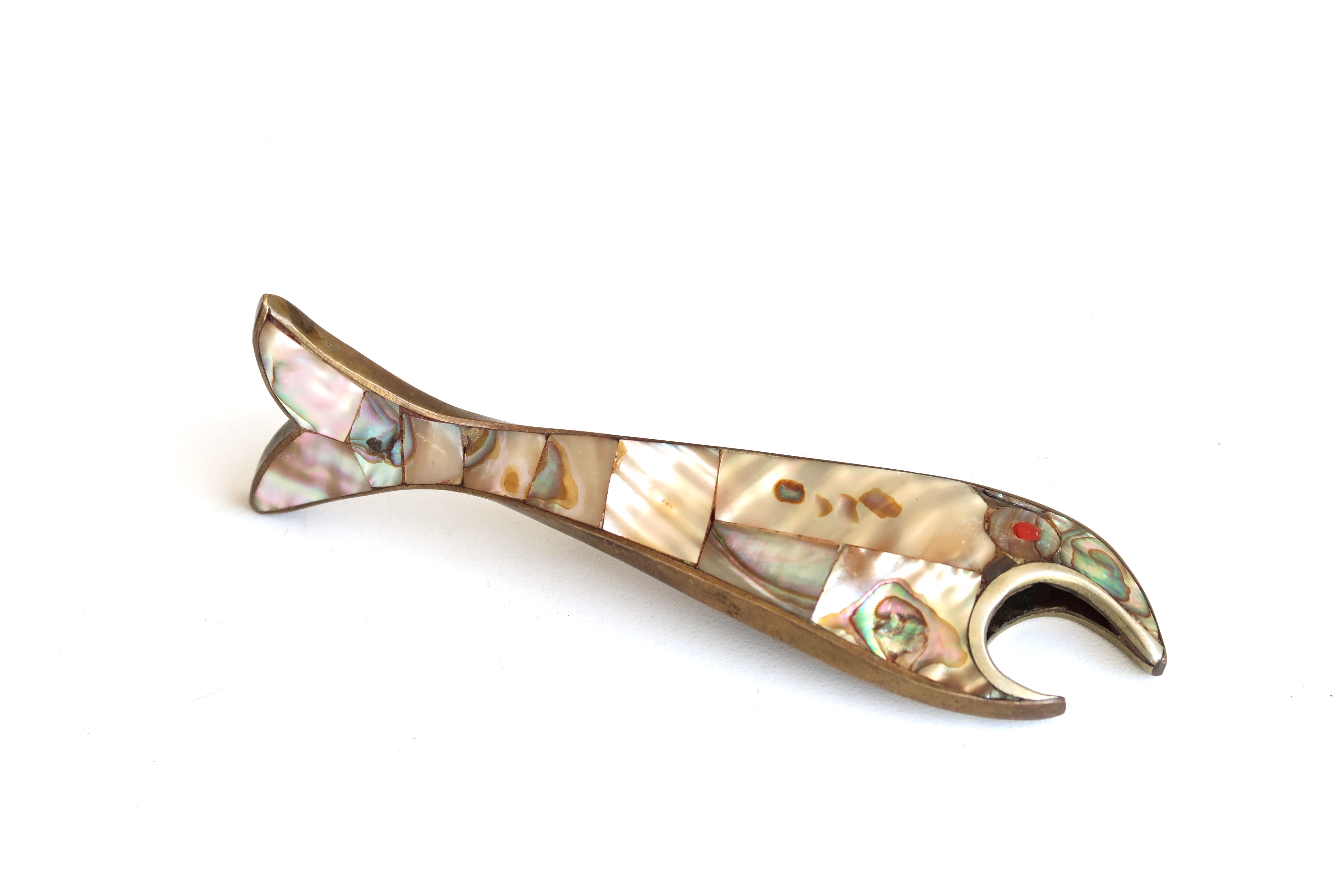Mexican fish bottle opener in mother-of-pearl and brass, 50s