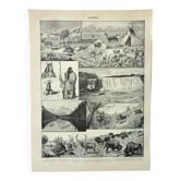 Gravure ancienne 1898, Canada : faune, flore, tribu • Lithographie originale et vintage