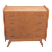 Vintage oak commode with tapered legs, 4 drawers, 1950s.