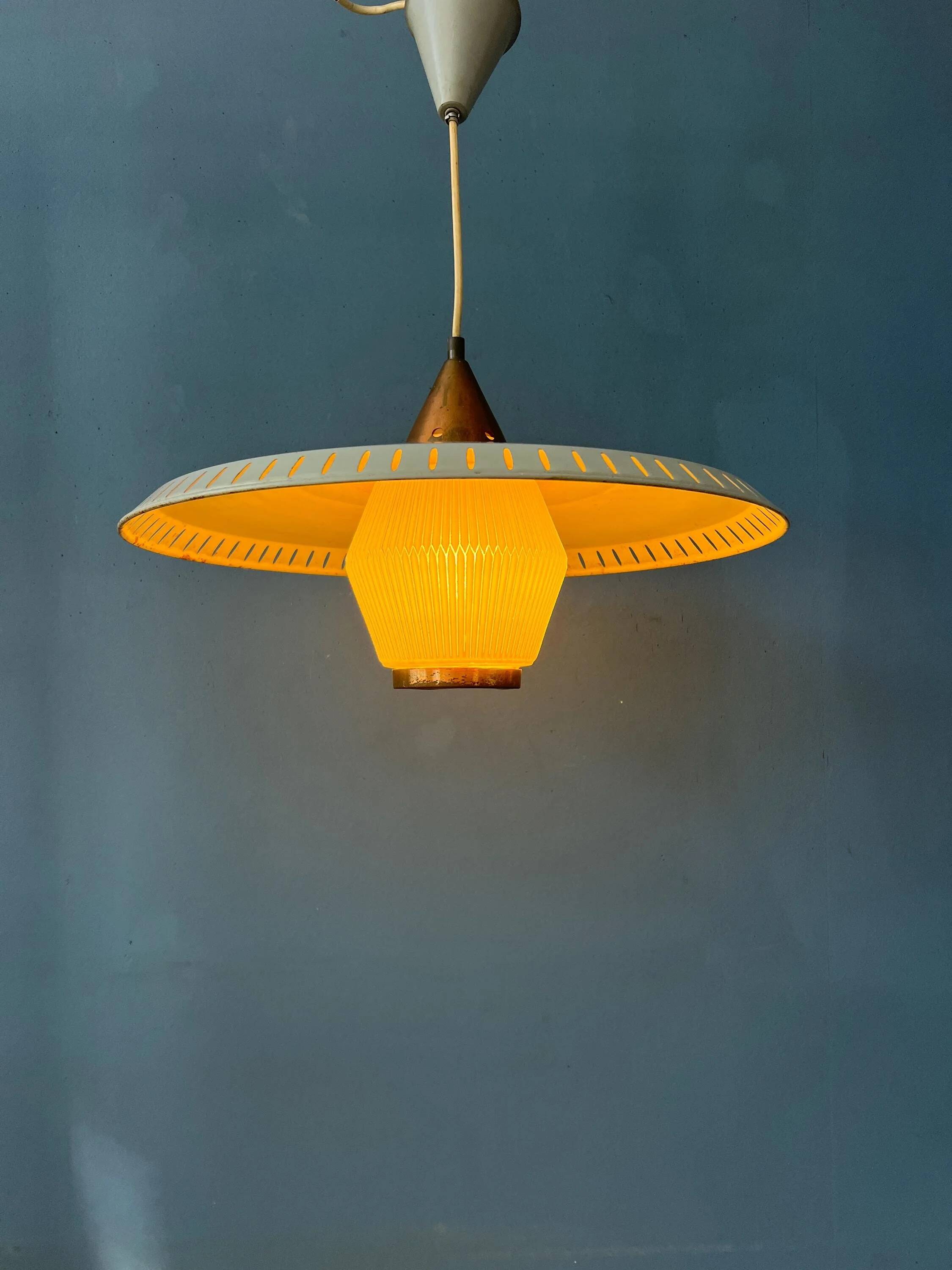 Vintage suspension by Louis Kalff in enamelled metal and opaline glass.