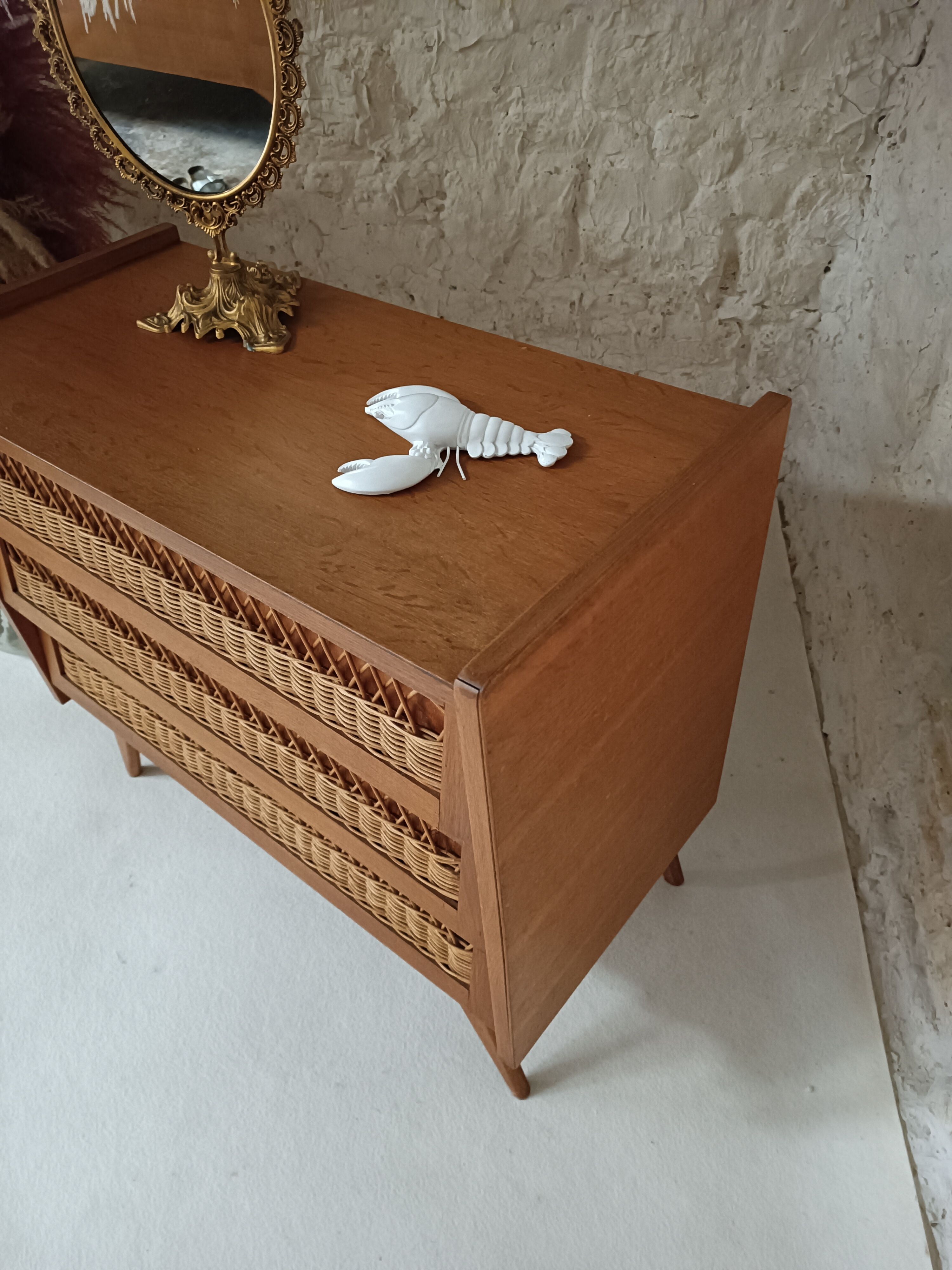Vintage wooden and rattan chest of drawers in the 60s