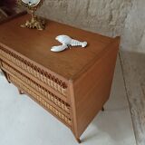 Vintage wooden and rattan chest of drawers in the 60s