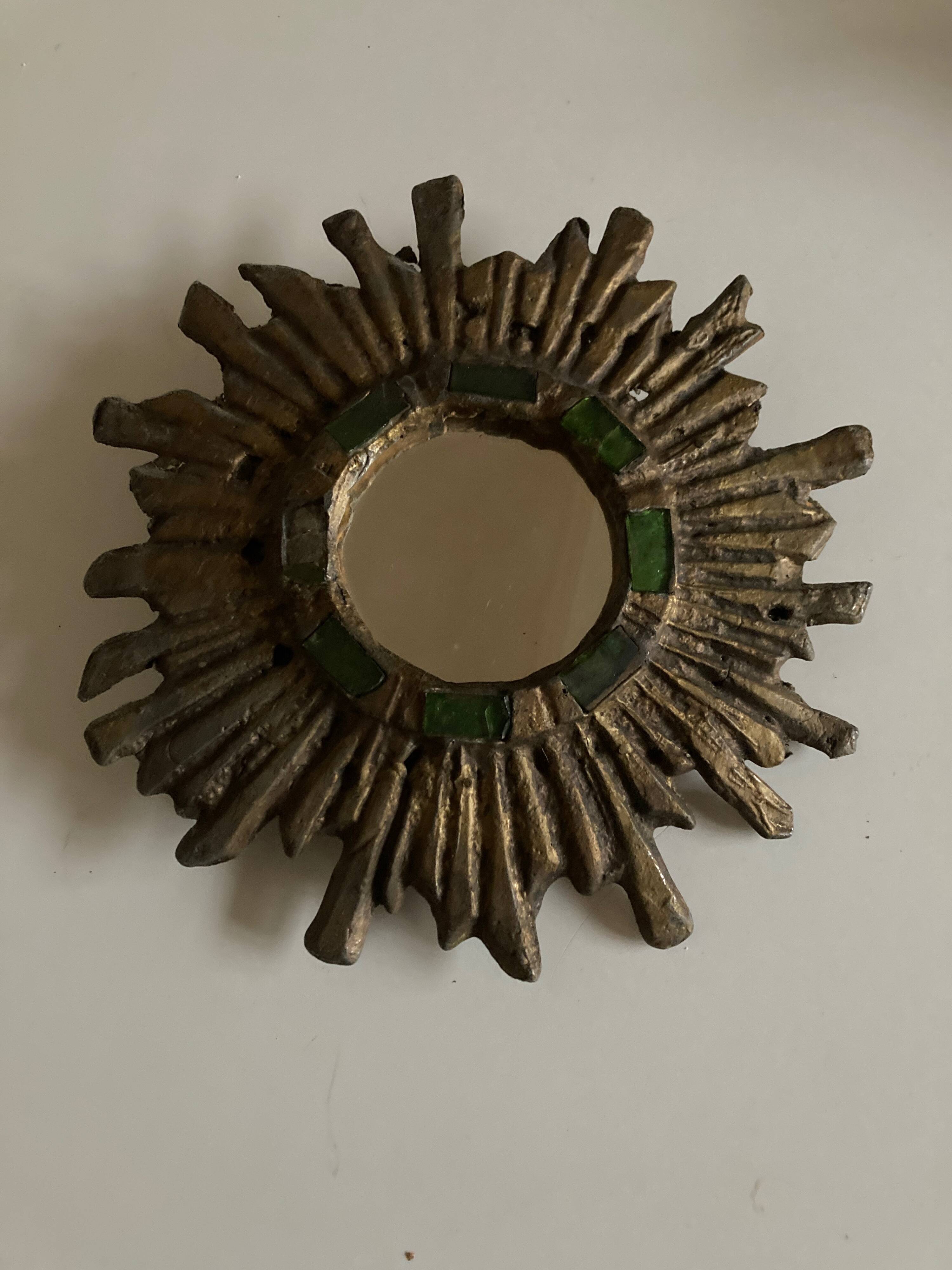 Sun mirror by Irena Jaworska in gilded lead and green glass 1960