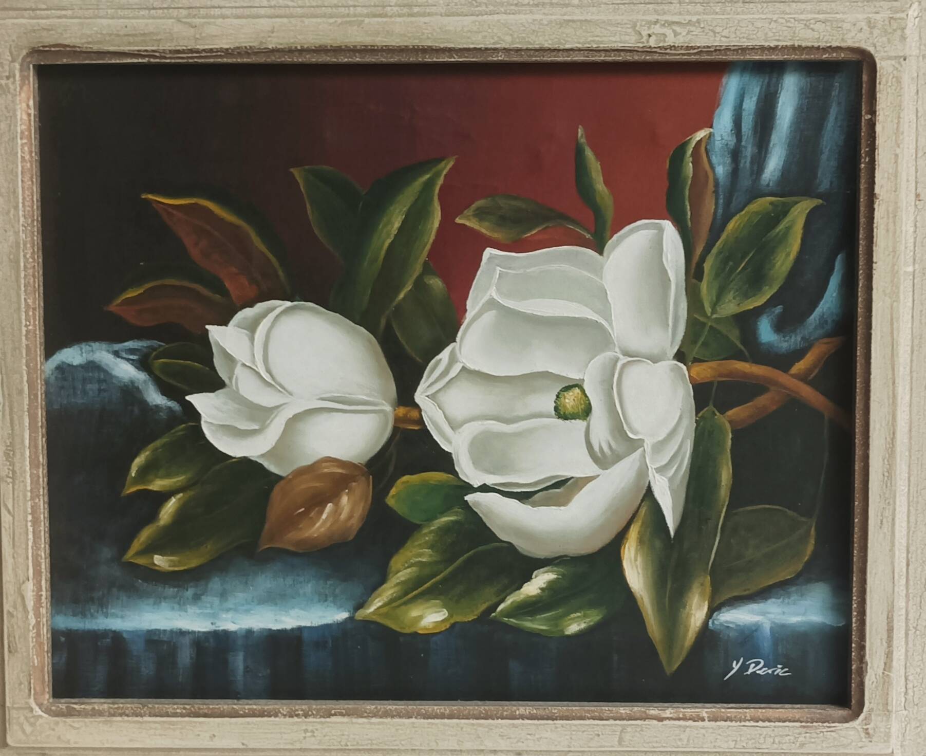 Signed painting on canvas, still life with magnolias