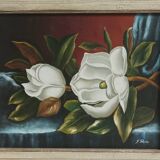 Signed painting on canvas, still life with magnolias