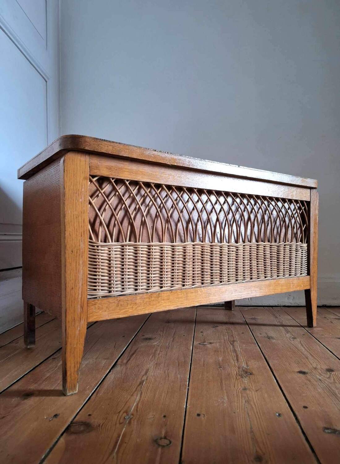 Large vintage rattan chest, retro wicker decoration