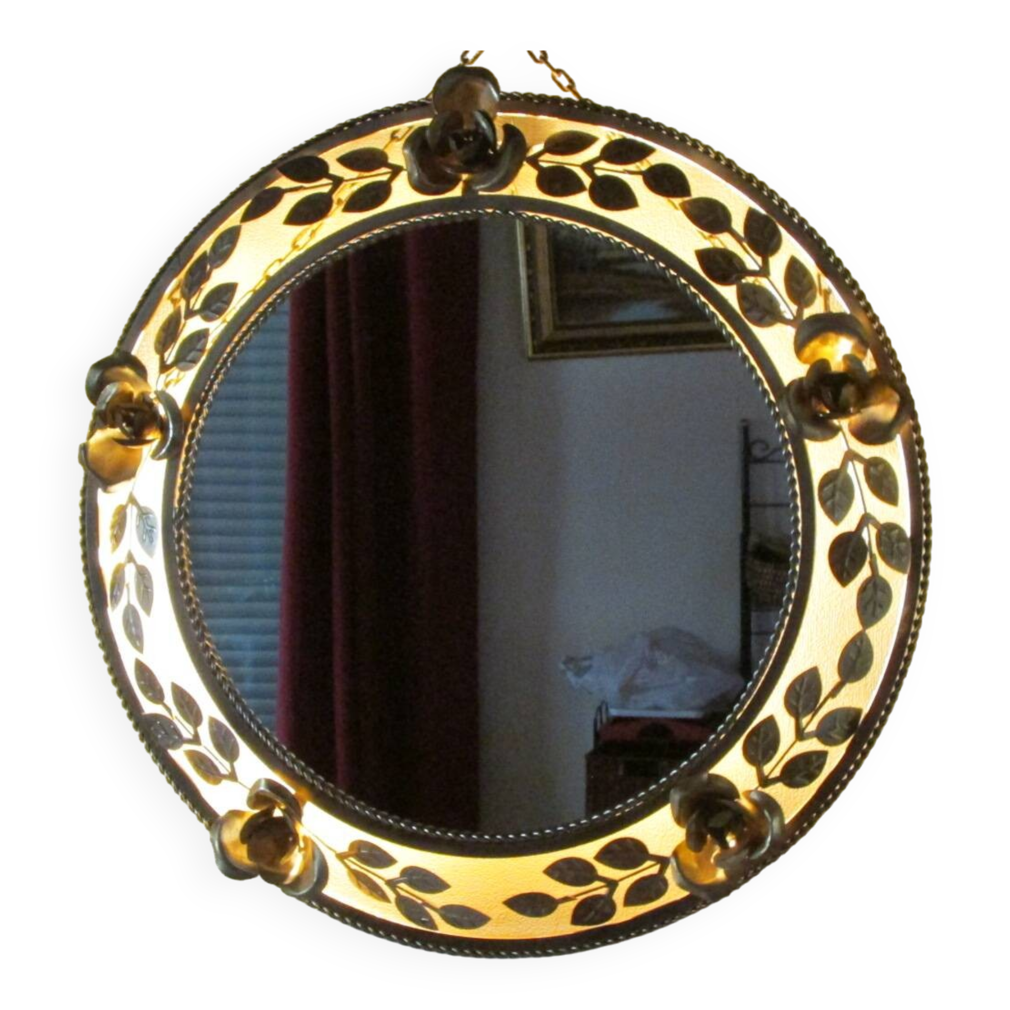 Round gold metal mirror, rose crown