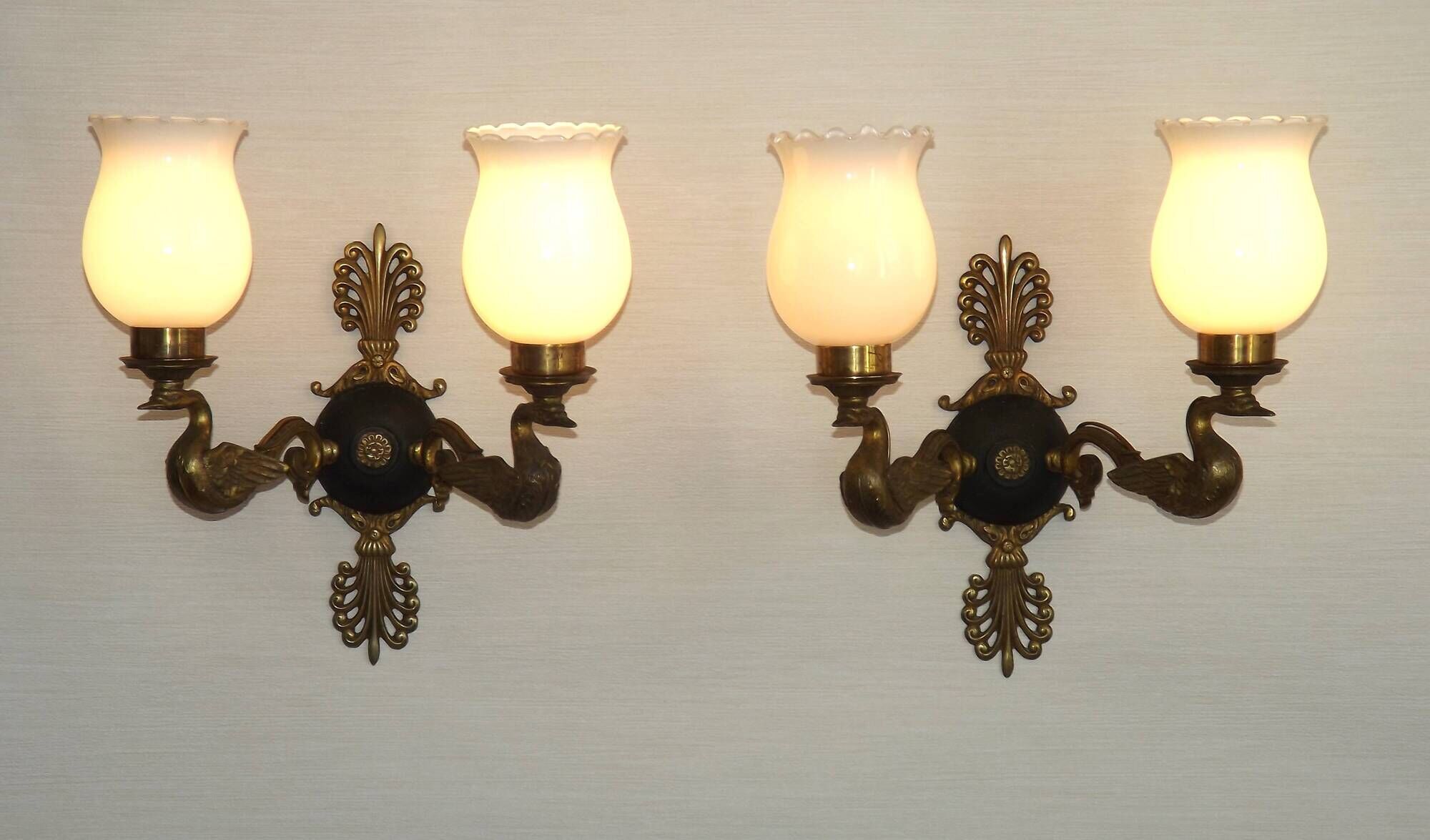 Pair Of Lucien Gau Style Double Swan Wall Lights With Opaque Glass Shades