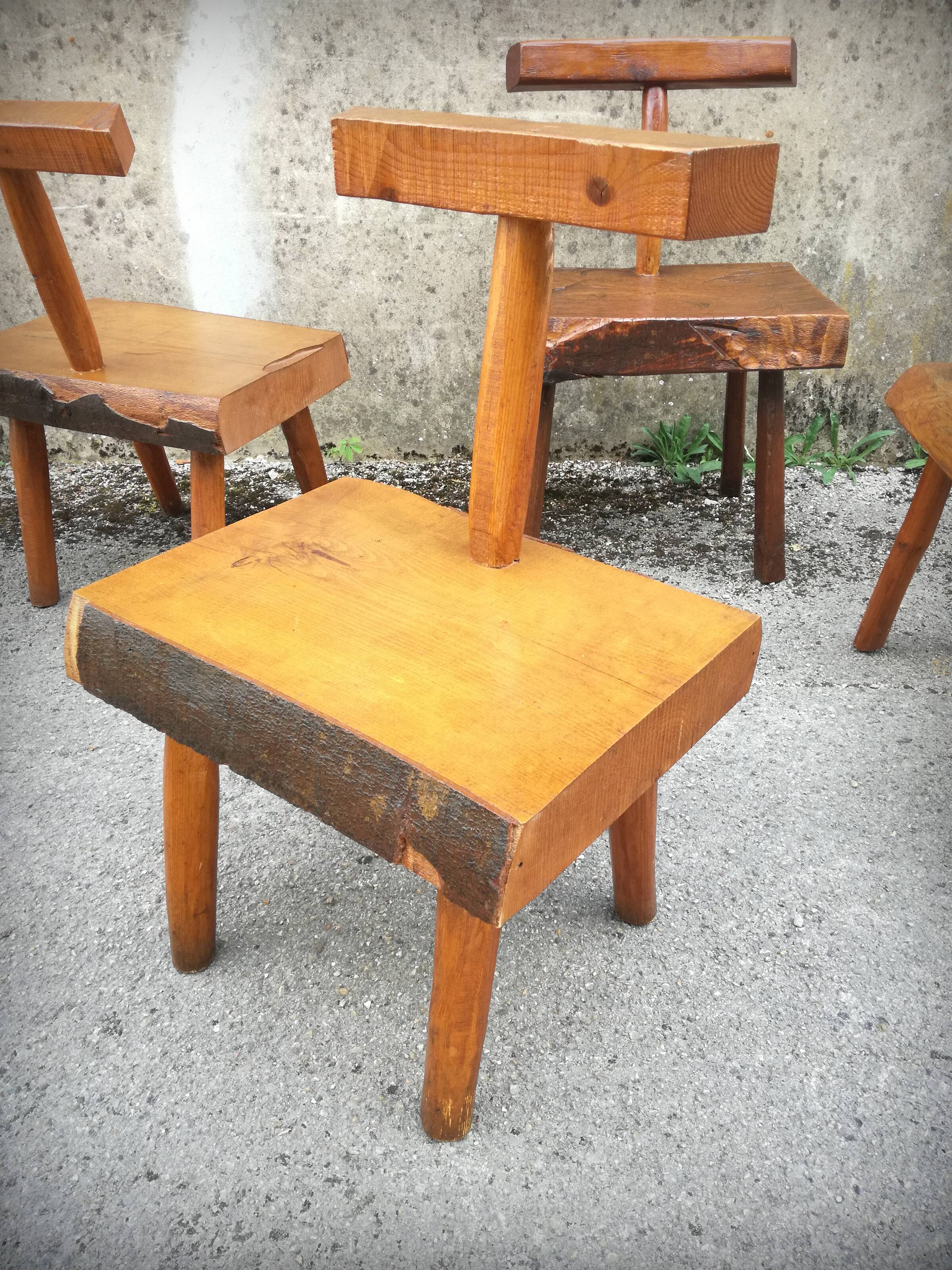 Brutalist handcrafted chairs, France, 1960s, set of 5