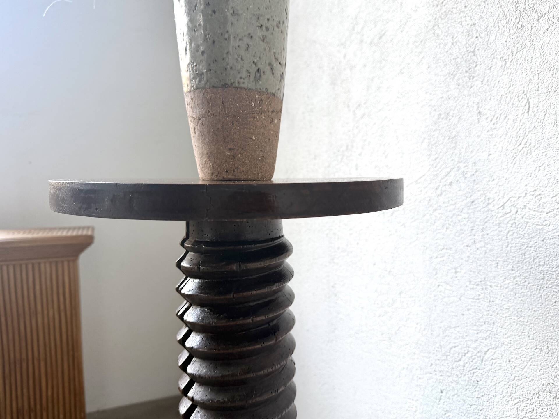 Solid oak press stool, metal base, 19th century.