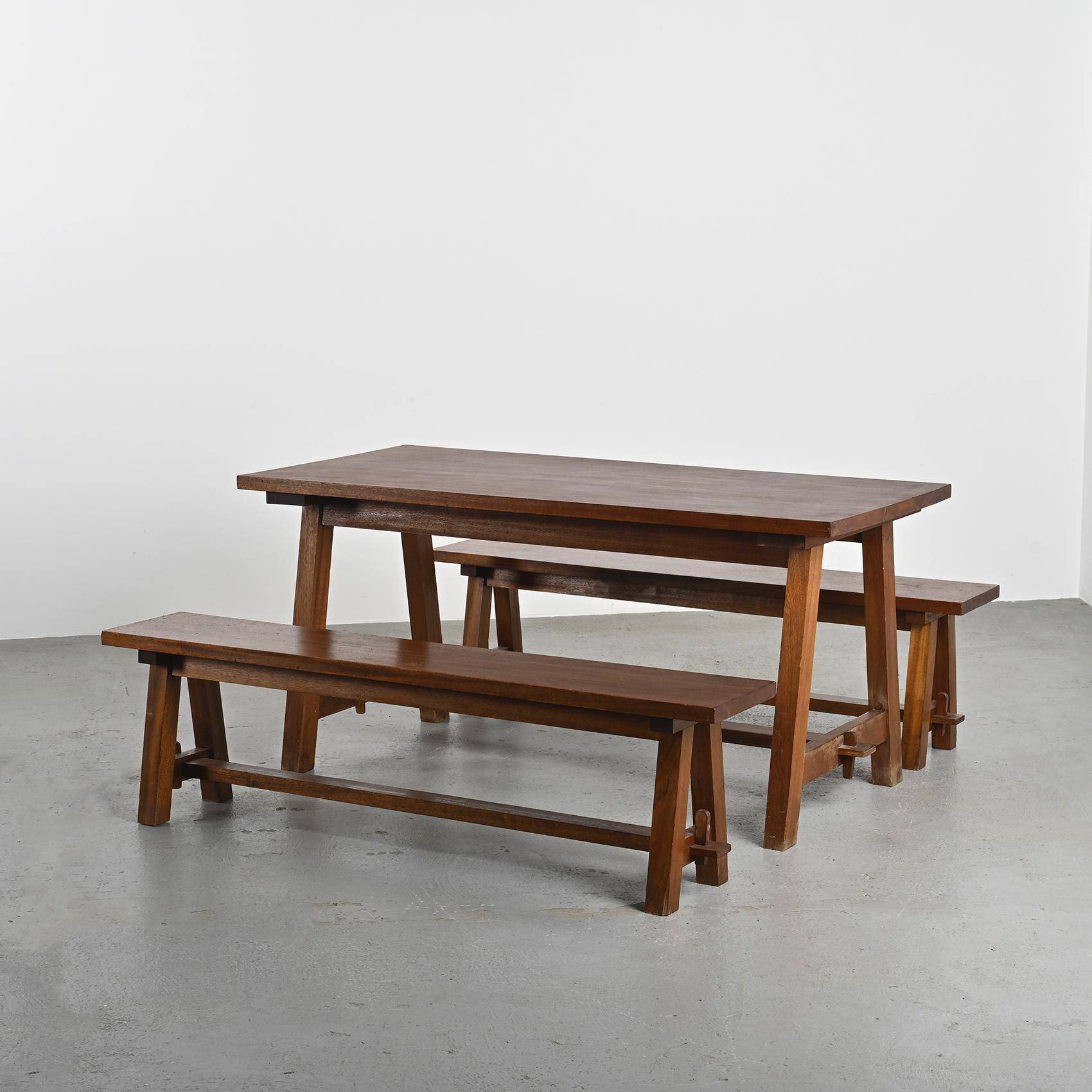 Mahogany dining table and benches, mountain work, France circa 1960