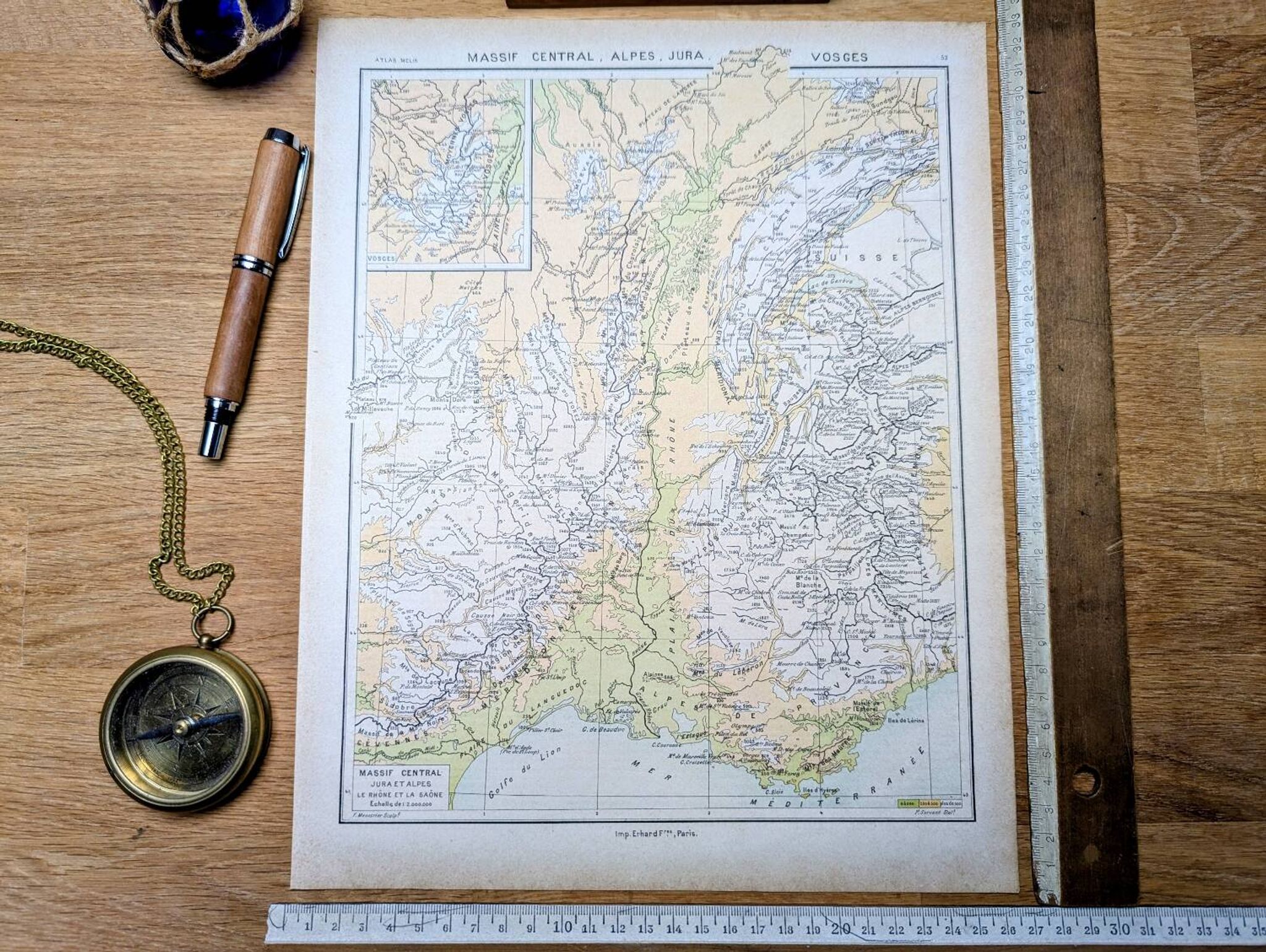 Map of the mountain ranges of France, original printed in 1896