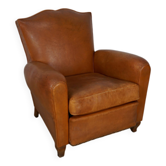 Vintage French Moustache Back Cognac-Colored Leather Club Chair, 1940s