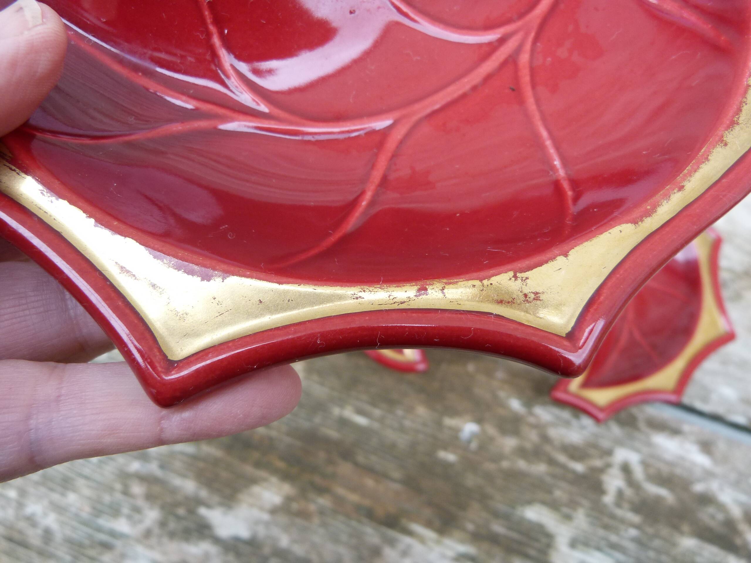 Set of vintage 1950s burgundy and gold ceramic serving dishes