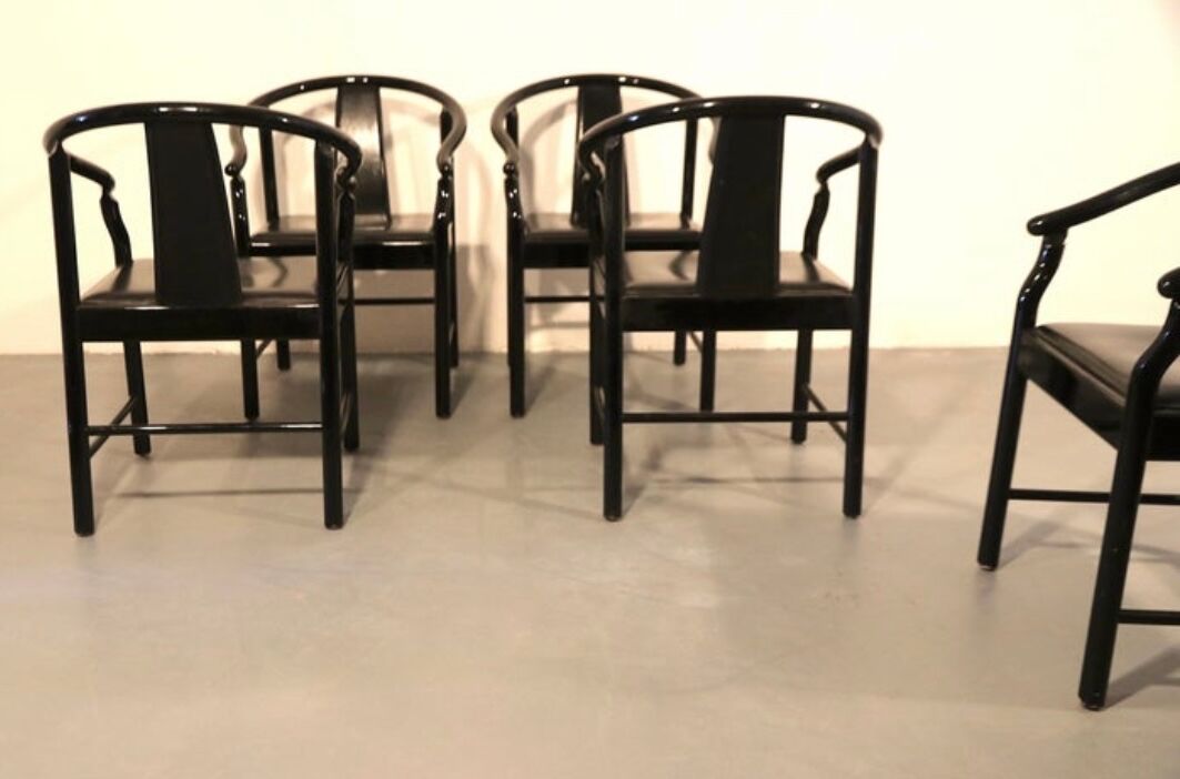 Set of 5 black lacquered leather dining chairs similar to China Chair Wegner
