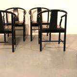 Set of 5 black lacquered leather dining chairs similar to China Chair Wegner