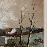 Oil on canvas cottages at the water's edge by Claude Mourier 1980