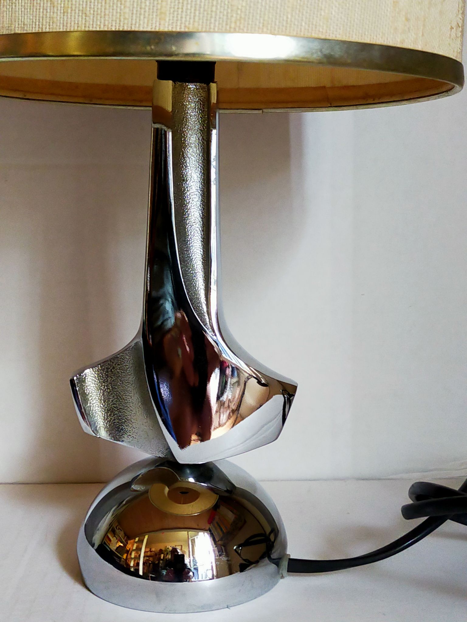 Modernist lamp chromed metal 70s, beige canvas lampshade