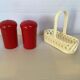 Red and white plastic salt and pepper shakers Emsa.