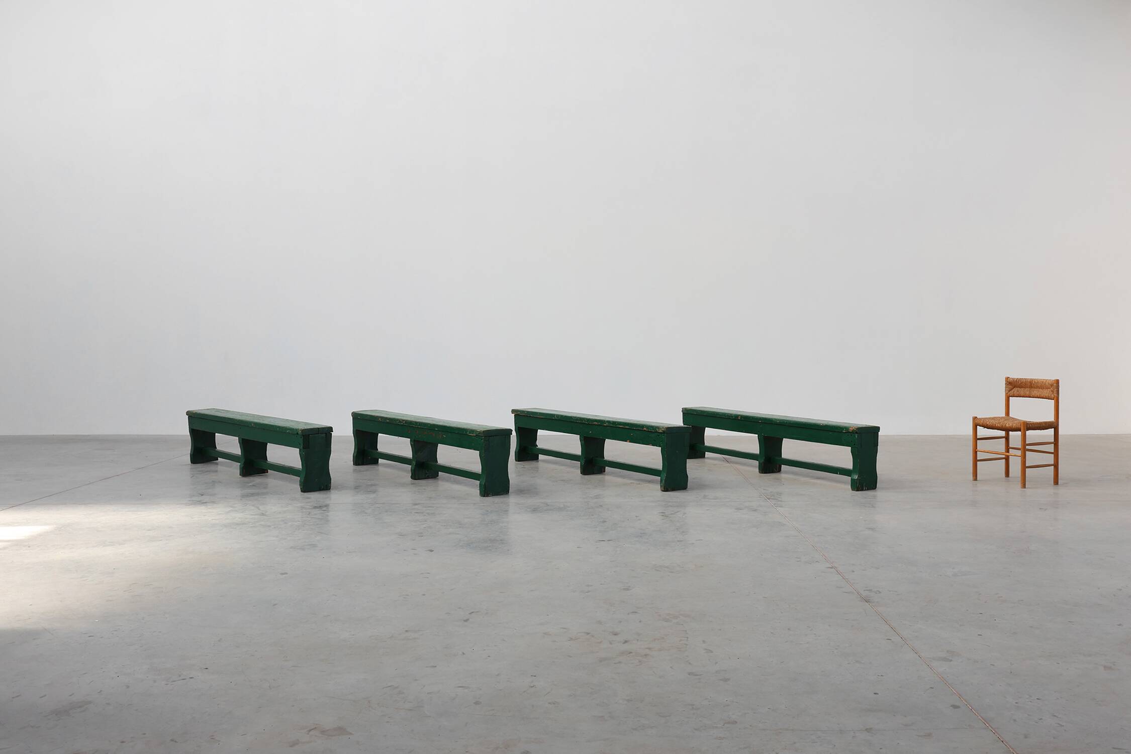 Rustic primitive green farmhouse bench in solid oak, France ca. 1900