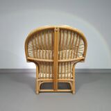 Chaise longue surdimensionnée en rotin/bambou avec coussins d'origine. Années 1970