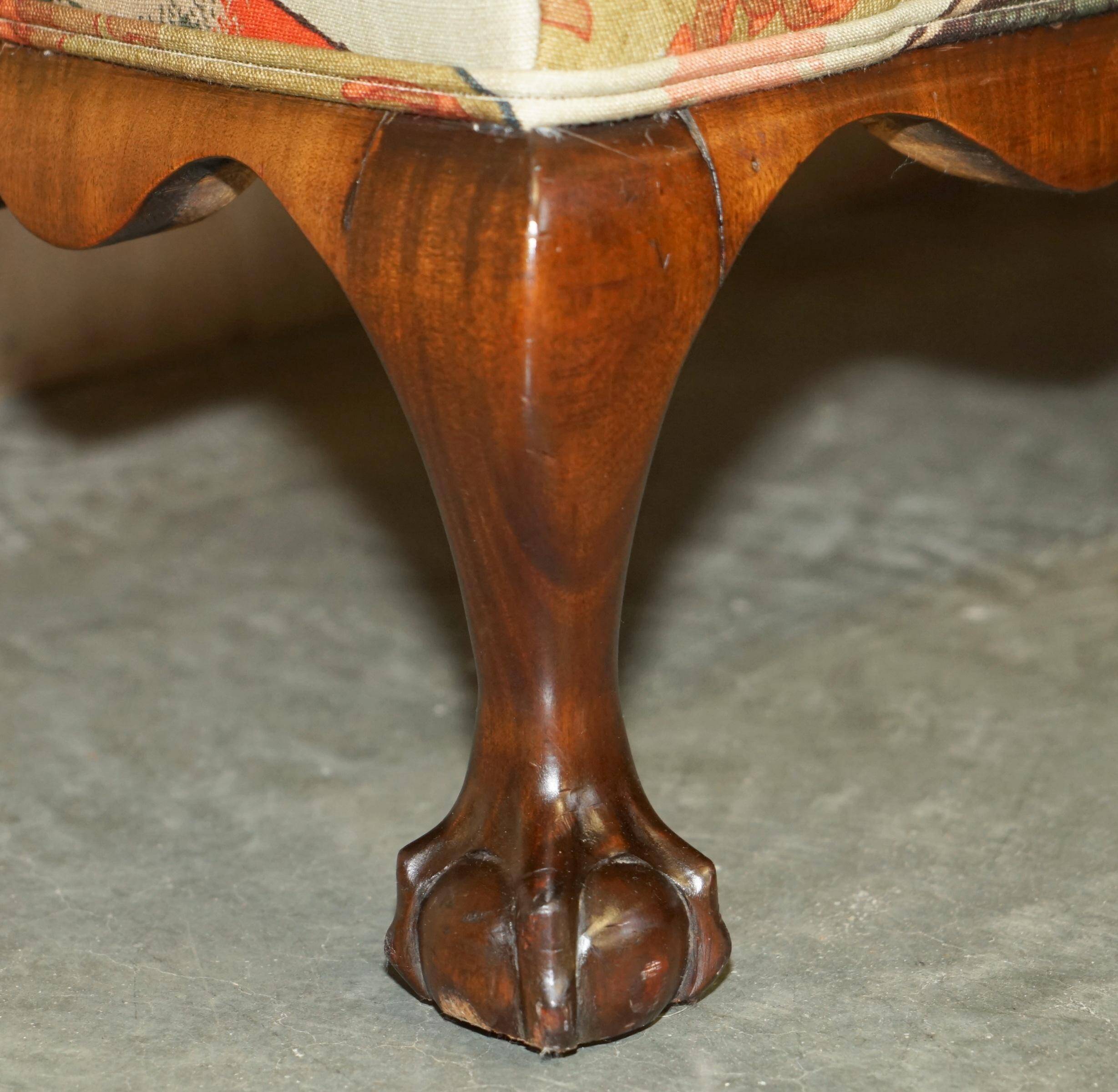 Antique banquette with cluster and ball feet, window seat in Mulberry Flying Ducks fabric.
