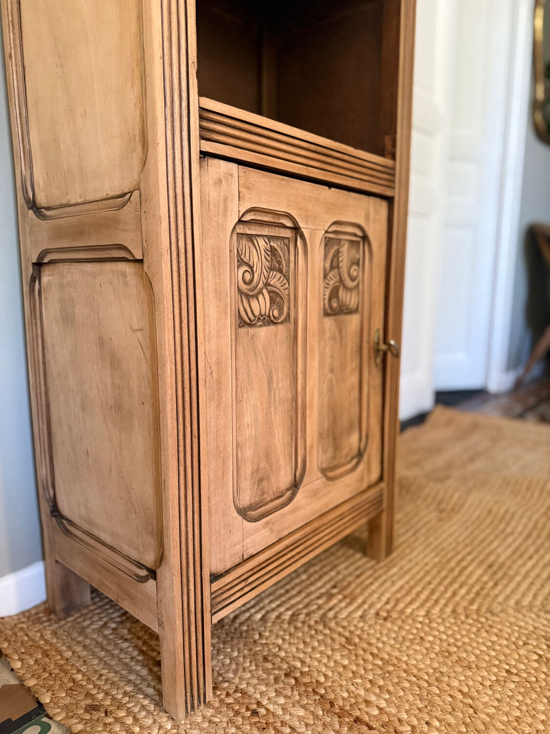 Small Art Deco jam cabinet in carved blonde oak
