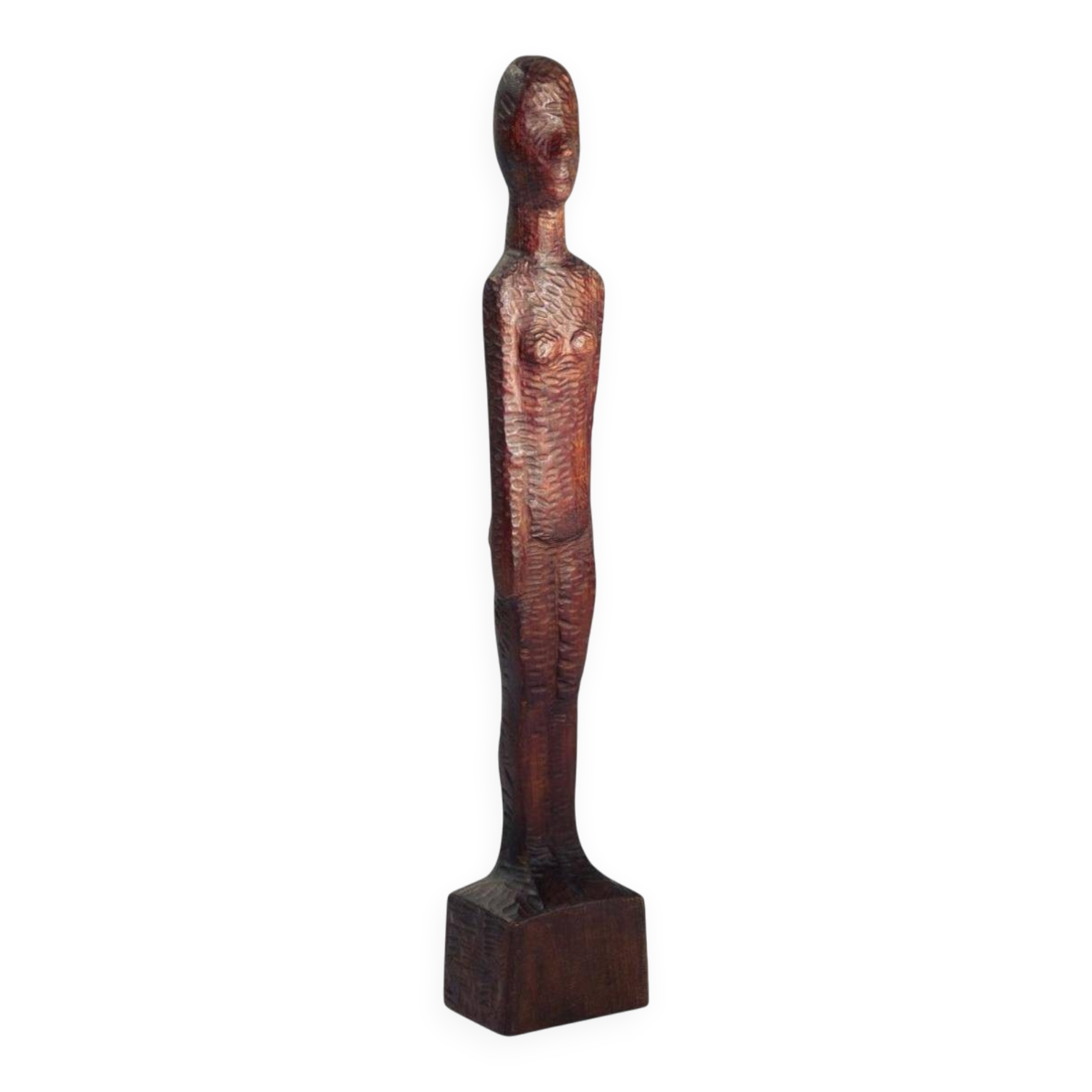 Dutch Brutalist carved wood sculpture of woman's figure, height 95cm, 1970s