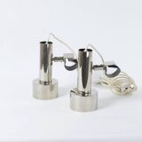 Nickel-plated chrome clip-on spot lamps for string shelf, headboard.