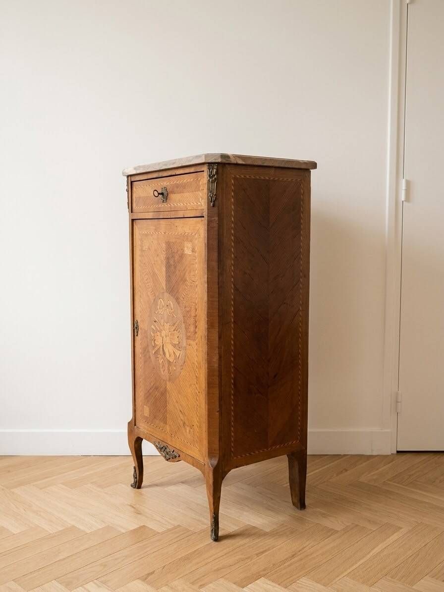 Small antique secretary in marquetry wood