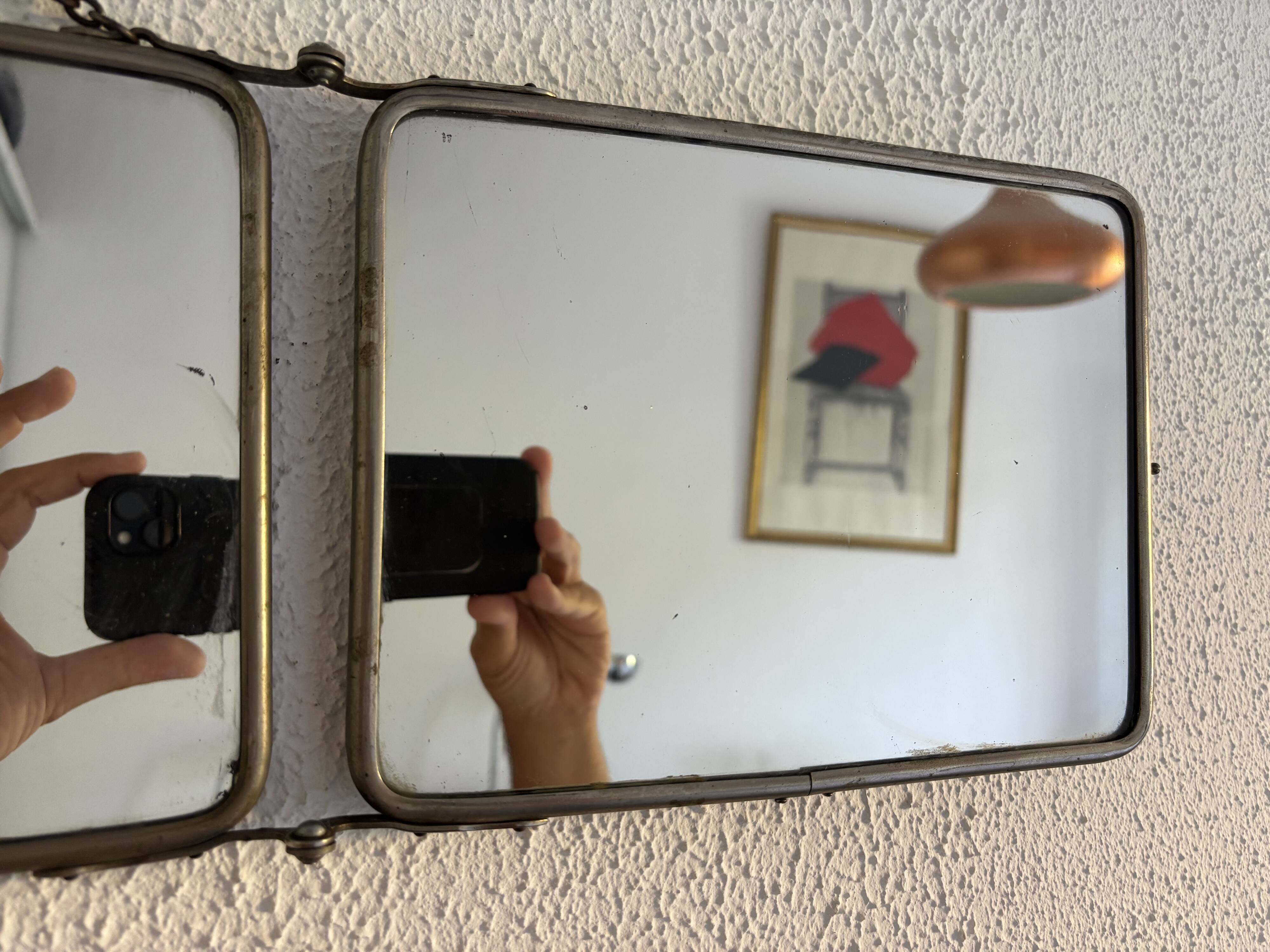 Miroir vintage 1900 triptyque barbier Art Nouveau - 19 x 78  cm