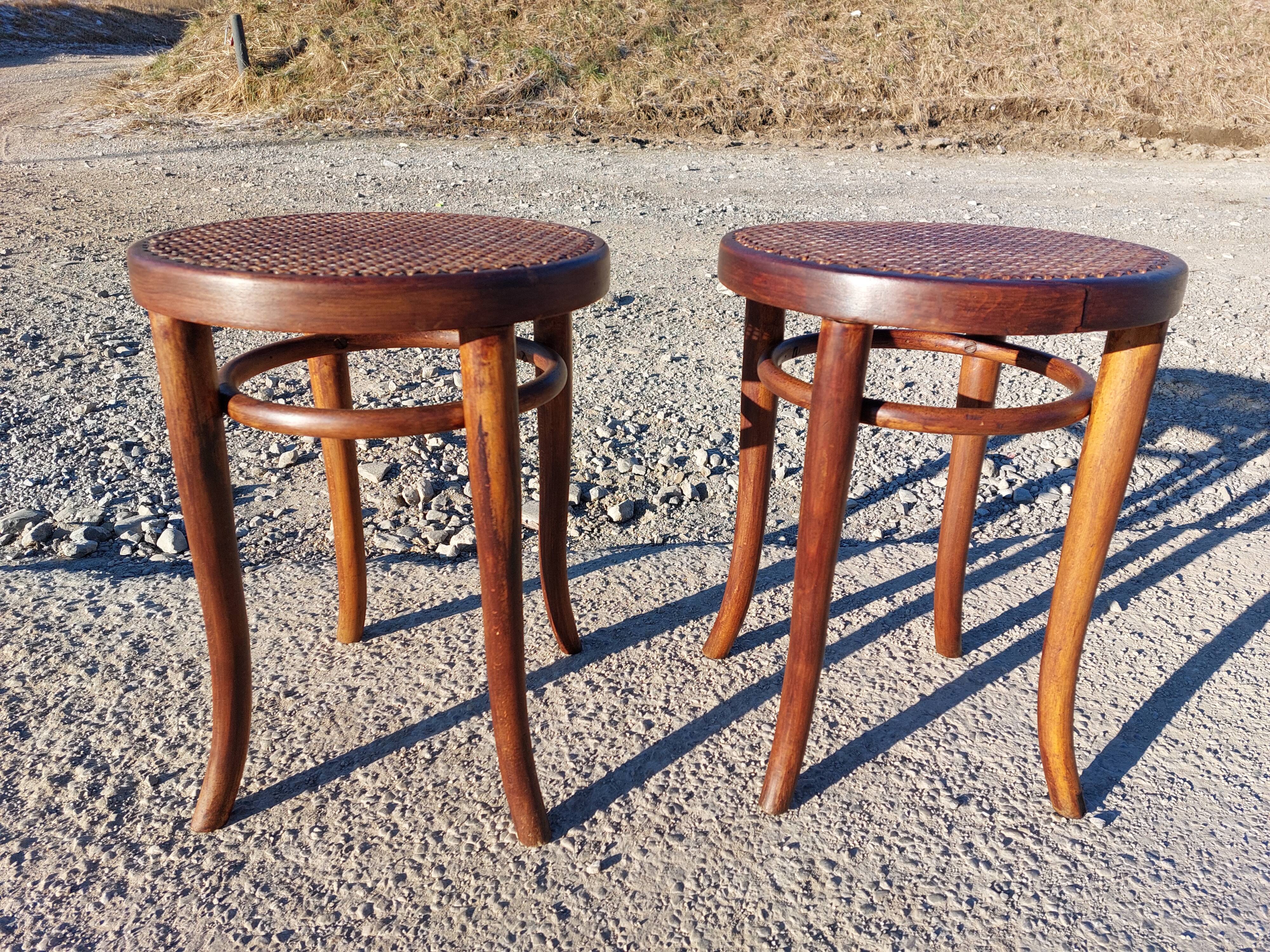 Pair of low caned stools signed Thonet - 1920s