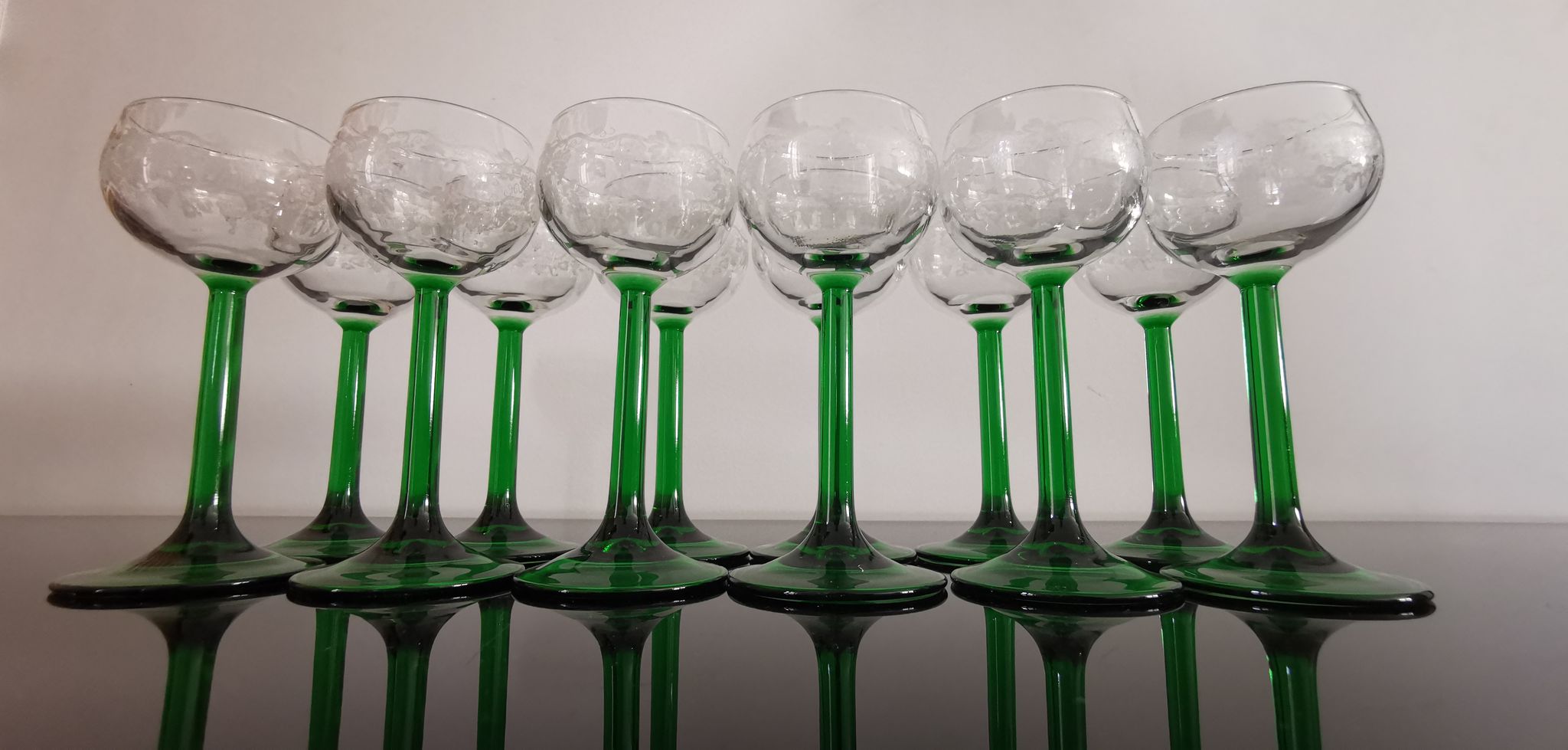 6 Vintage Alsace wine glasses with green feet decorations Bunches of Grapes and Vines