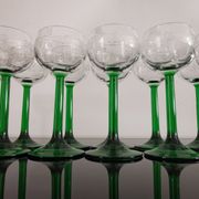 6 Vintage Alsace wine glasses with green feet decorations Bunches of Grapes and Vines