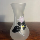 Duo vase en verre dépoli à fleurs noire et rose années 1980
