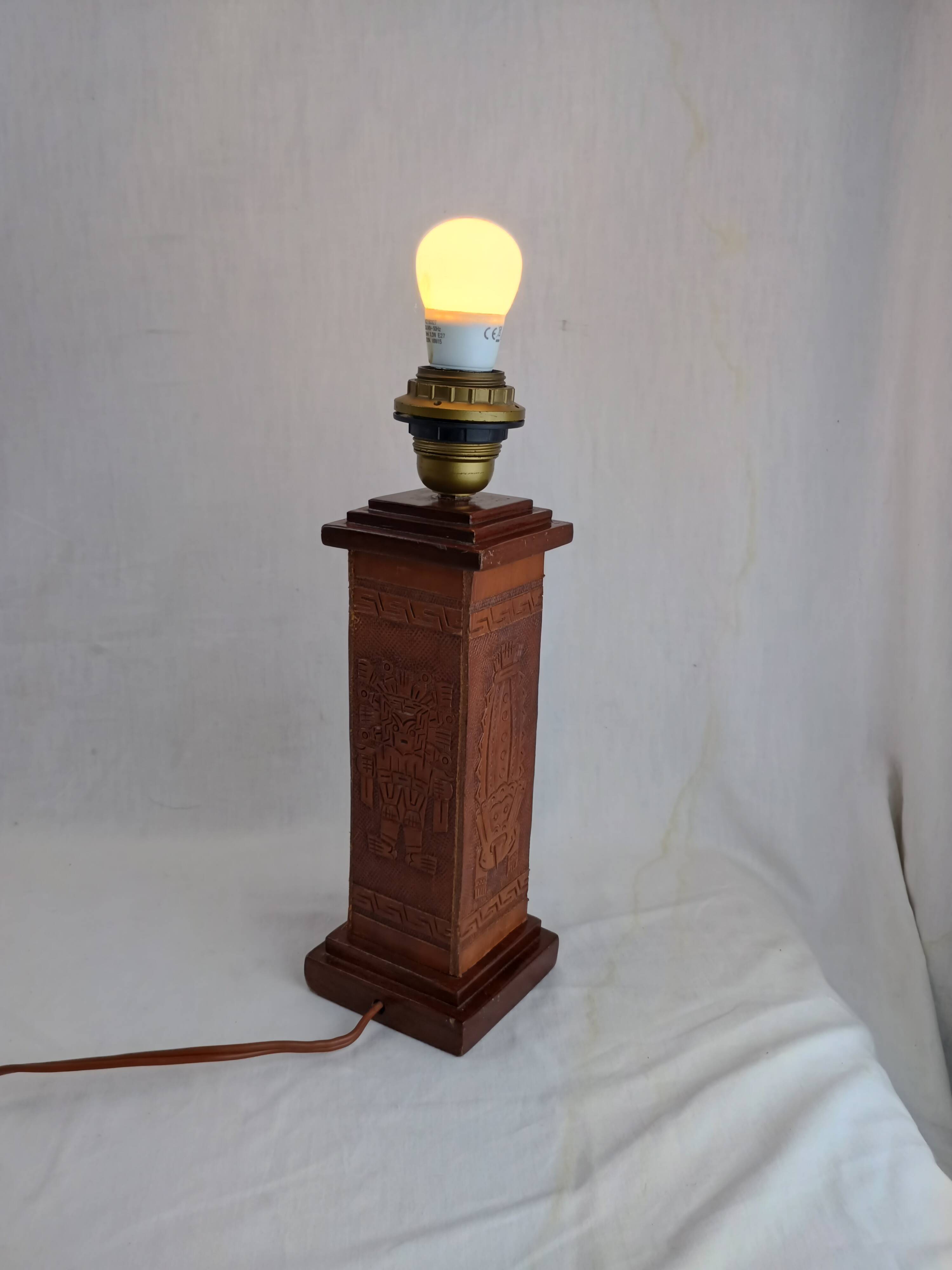 Angel L. Pazmino leather totem lamp 1960 Aztec patterns Style Furniture