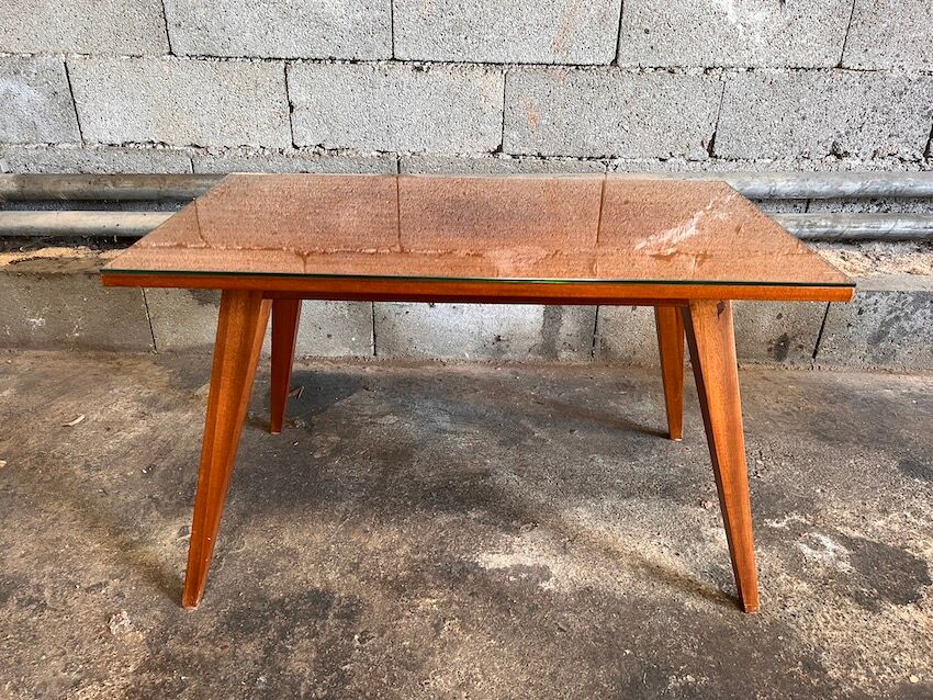 Vintage Scandinavian style teak coffee table with compass legs and glass top - 60s